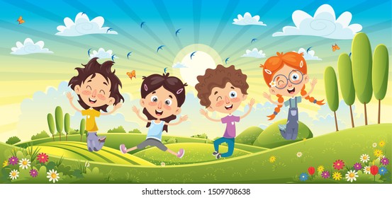 Children Having Fun Spring Landscape Stock Vector (royalty Free 