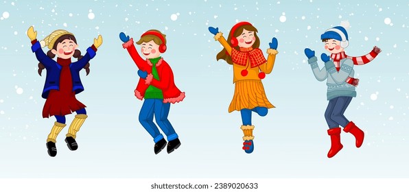 Children having fun together in winter, for sticker, template, background and other,