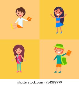 Children having fun vector collection of four. Poster of boy and girls holding book or paper of just dancing enjoy life and childhood