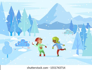 Children Having Fun At Winter Park. Boy And Girl Playing Snowball Fight Outdoors. Kids Wearing Warm Clothes Throwing Balls Made Of Snow. Game Of Siblings At Holidays Or Vacations, Vector In Flat