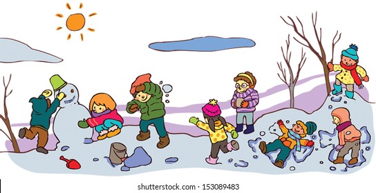 Children having a good time playing and building snowman in winter landscape with snow throwing game, create by cartoon vector