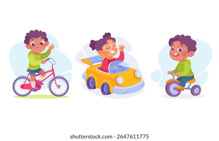 Children having a great time engaging in various fun activities while riding bikes and toy cars
