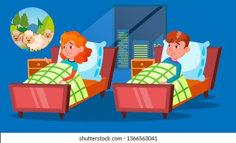 Children Having Insomnia Problem Cartoon Vector Characters. Little Girl Counting Sheeps In Bed. Brother And Sister Trying Falling Asleep At Night. Tired Exhausted Kids Awake Flat Illustration