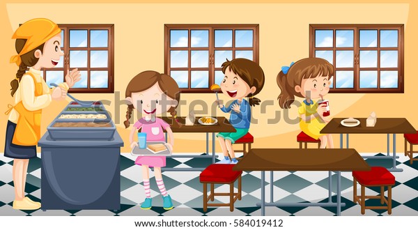 Niños almorzando en la ilustración de un comedor