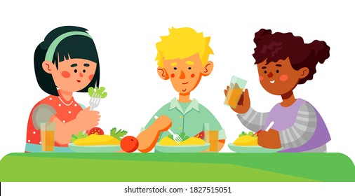 Children having lunch - colorful flat design style illustration with cartoon characters. Cheerful friends, boy and girls sitting at the table eating salad and drinking juice. Healthy food idea