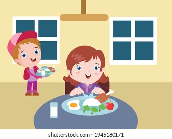 Children having lunch and eating healthy food in the school canteen