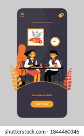 Children having lunch in school canteen. Boys and girls in uniforms eating in cafeteria or dining hall. Vector illustration for food, school kitchen, catering, service concept