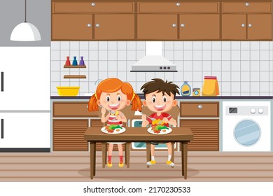 Children having meal in kitchen illustration