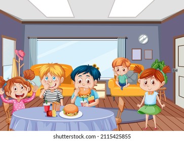 Children having meal together in room scene illustration