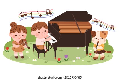 Children are having a music concert in the forest. Vector illustration of kids playing piano, recorder and violin.