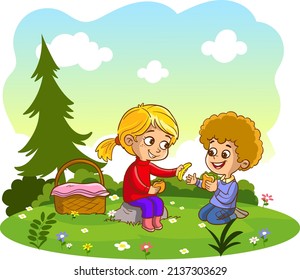 children having a picnic vector illustration