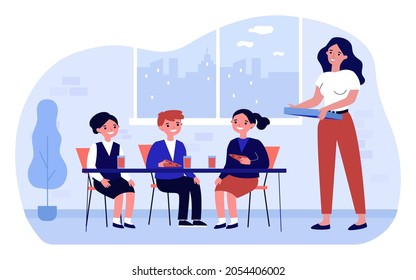 Children having pizza for lunch at school. Smiling teacher serving Italian fast food for happy kids at break. Child menu at restaurant. Flat cartoon vector illustration.