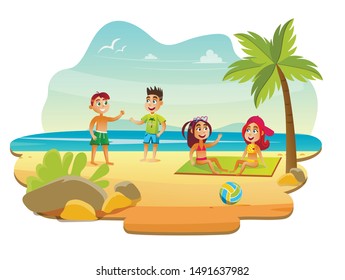 Children Having Rest on Beach near Ocean at Summer Camp Flat Cartoon Vector Illustration. Girls Sitting on Rubber Mat and Talking. Boys Playing Standing on Sand. Palm Trees and Sea.