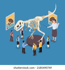 Children having a school field trip to the museum to look at dinosaur bones 3d vector illustration