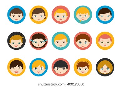 Children heads, avatar. Color flat vector.