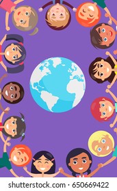 Children heads and raised hands around blue-white earth planet vector poster. Happy international summer childrens day.