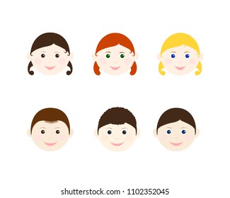 Children heads set, faces of children, heads of boys and girls, isolated on white background. Vector illustration