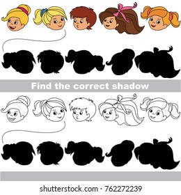 Children Heads set to find the correct shadow, the matching educational kid game to compare and connect objects and their true shadows, simple gaming level for preschool kids.