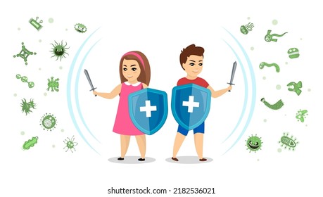 Children health care and epidemiology concept. Young boy and girl with shields protect from viruses and germs. Kid prevention and protection infection. Strong immunity in childhood vector illustration