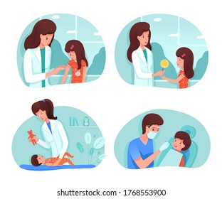 Children health at clinic set. Doctor makes vaccination girl, gives lollipop as reward. Pediatrician measures temperature baby, shows toy. Dentist checkup teeth boy. Vector character illustration