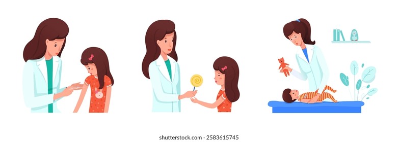 Children health at clinic set. Doctor makes vaccination girl, gives lollipop as reward. Pediatrician measures temperature baby, shows toy. Cartoon vector illustration.