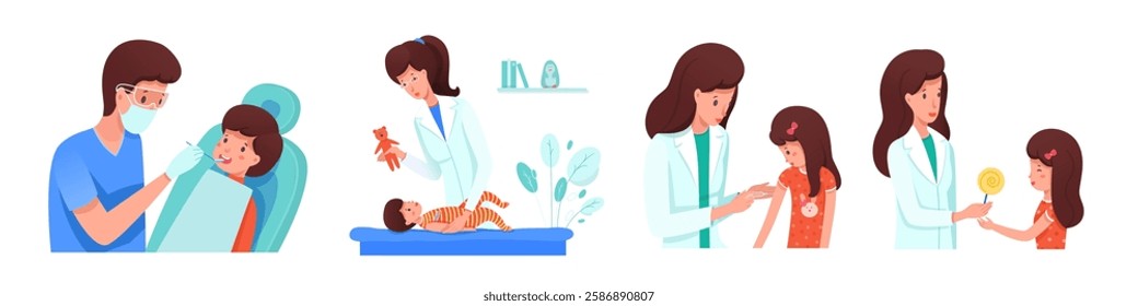 Children health at clinic set. Doctor makes vaccination girl, gives lollipop as reward. Pediatrician measures temperature baby, shows toy. Dentist checkup teeth boy. Cartoon vector illustration.