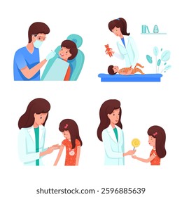 Children health at clinic set. Doctor makes vaccination girl, gives lollipop as reward. Pediatrician measures temperature baby, shows toy. Dentist checkup teeth boy. Cartoon vector illustration.