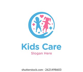 Children Healthcare With Hand Care For Kids Clinic or Hospital Vector Logo Design Illustration