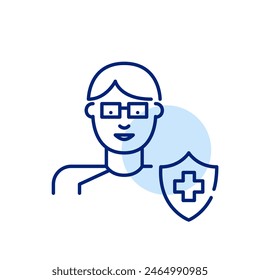 Children healthcare insurance. Boy in glasses, shield and cross. Pixel perfect, editable stroke icon