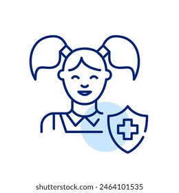 Children healthcare insurance. Girl, shield and cross. Pixel perfect vector icon