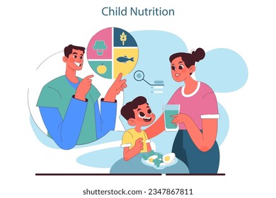 Children healthcare. Parent with kids visiting pediatrician doctor or nutrition specialist. Doctor consultation on baby diet, healthy eating program development. Flat vector illustration