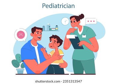 Salud infantil. Padres con hijos visitando pediatra o especialista en salud. Consulta médica sobre la salud física y mental del bebé. Apoyo de los padres. Ilustración vectorial plana