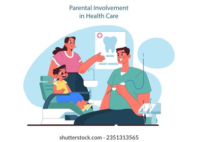 Salud infantil. Padres con hijos visitando pediatra o especialista en salud. Consulta médica sobre la salud física y mental del bebé. Apoyo de los padres. Ilustración vectorial plana