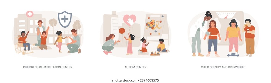 Children healthcare service isolated concept vector illustration set. Childrens rehabilitation center, autism center, child obesity and overweight, special needs pediatric help vector concept.