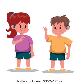 children with hearing aid vector illustration. boy and girl talking in Libras, Brazilian Sign Language. vector illustration.