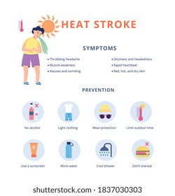 Children Heat Stroke Prevention And Symptoms Banner, Flat Vector Illustration On White Background. Medical Banner With Child Suffering From Sunstroke And Dehydration.