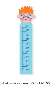 Gráfica de altura infantil con niño. Atención de la salud y medición del desempeño. Cartel para la habitación de los niños, centímetro y regla para medir el tamaño. Dibujo vectorial plano de dibujos animados