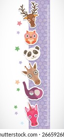 Children height meter wall sticker. Set of funny animals muzzle lilac stiker with stars. Vector
