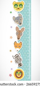 Children height meter wall sticker. Set of funny animals muzzle blue stiker with stars. Vector