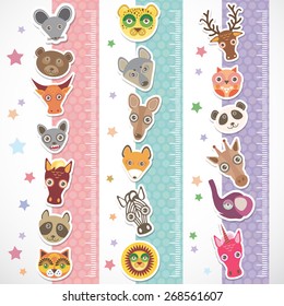 Children height meter wall Sticker set. funny animals muzzle stiker with stars pink lilac blue stripes. Vector