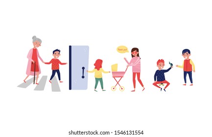 Children help adults cross the road and hold the door. Vector illustration.