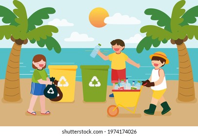 Children help collect plastic bottles in recycling bins on the beach for happy earth day in cartoon character, flat style vector illustration