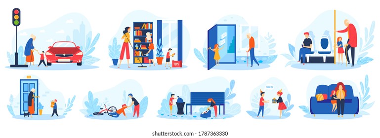 Children help good habits vector illustration set. Cartoon flat courteous child character helping mother with housework, kids working on cleaning street, respect, help adults elderly isolated on white