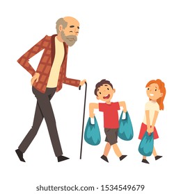 Children help grandfather bring packages cartoon vector illustration