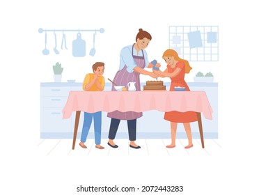 Children help mom make cake. Mother chef and child preparing bake on lunch, family cooking together, cook food at kitchen, home meal, vector illustration isolated on white background