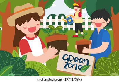 Children help to plant trees on happy earth day in cartoon character and wording happy earth day, flat style vector illustration