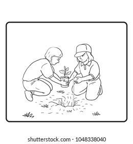 Children help plant trees.vector drawn