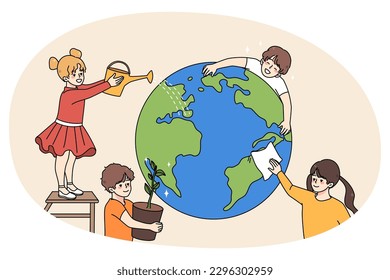 Children help save earth clean and water planet. Kids volunteers and activists saving world from industrial catastrophe. Environment and ecology protection. Flat vector illustration.