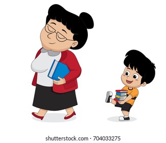 The children help the teacher carry a book.vector and illustration.