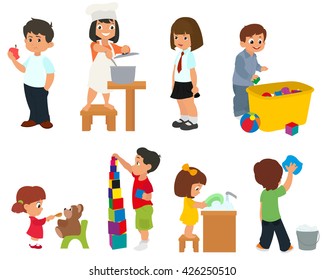 children help their parents with household chores. children prepare food, children eat and play with toys. vector. 